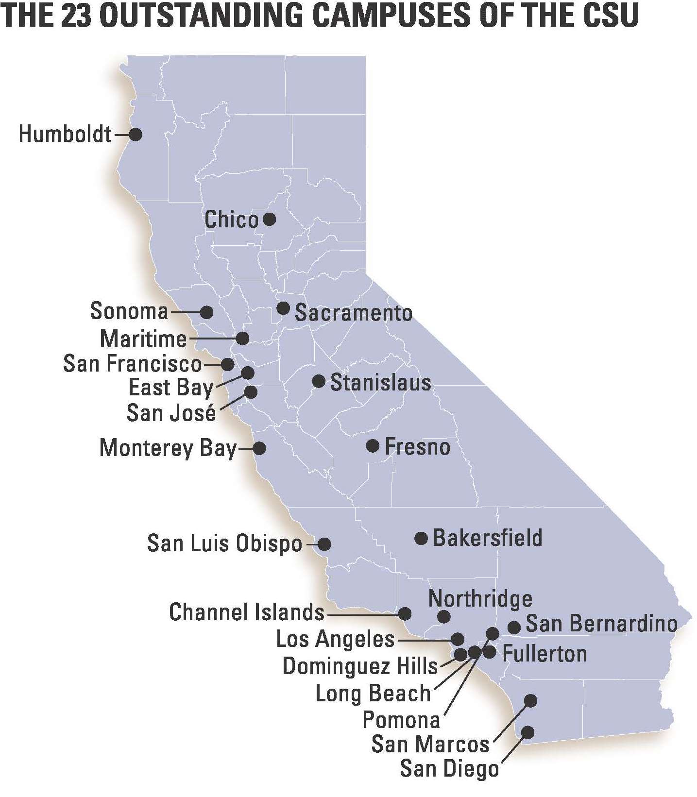 A Map of California Counties and Locations of the 23 CSU Campuses.